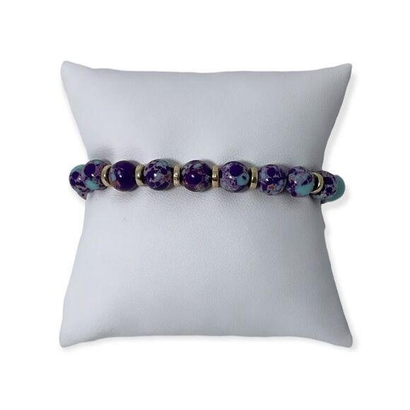 NWT Wool + Pepper Co. Turquoise/Purple & Gold Beaded Bracelet - Picture 2 of 4